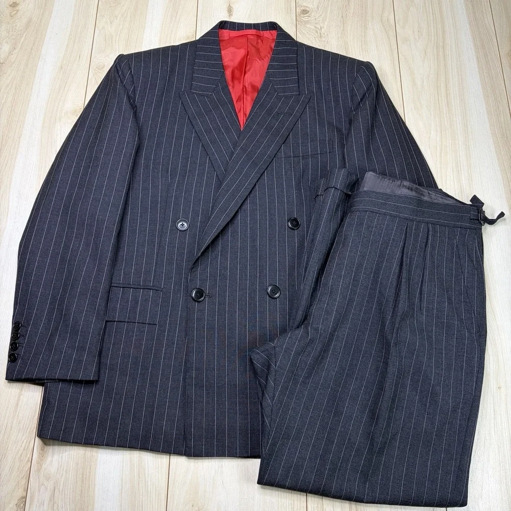 VTG 90s Double Breasted Pinstriped Gray Wool Suit Mens 42S Slim 38x30 ASPERS